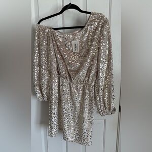 Dress size large beige and gold cheetah print one shoulder elastic waist NWT